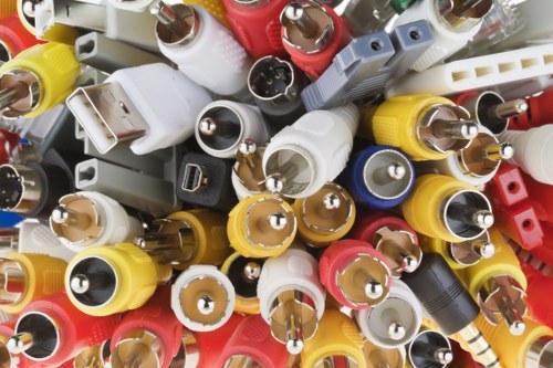 A close-up image of numerous discarded electronic connectors and power plugs, predominantly white, black, yellow, red, and gray, piled together in a heap. The connectors include various types such as USB, power adapters, and audio jack plugs, with some showing metal contacts and others featuring plastic casings with textured or smooth finishes. The objects are arranged haphazardly, occupying the entire frame, and appear to be used or scrap materials suitable for disposal or recycling. The background is indistinct, emphasizing the cluttered collection of electrical waste, which is typical of rubbish removal operations in urban areas like Maida Vale, London. The lighting is even, highlighting the different textures and colors of the components, underscoring the importance of proper electronic waste disposal services offered by Commercial Waste Removal Maida Vale.